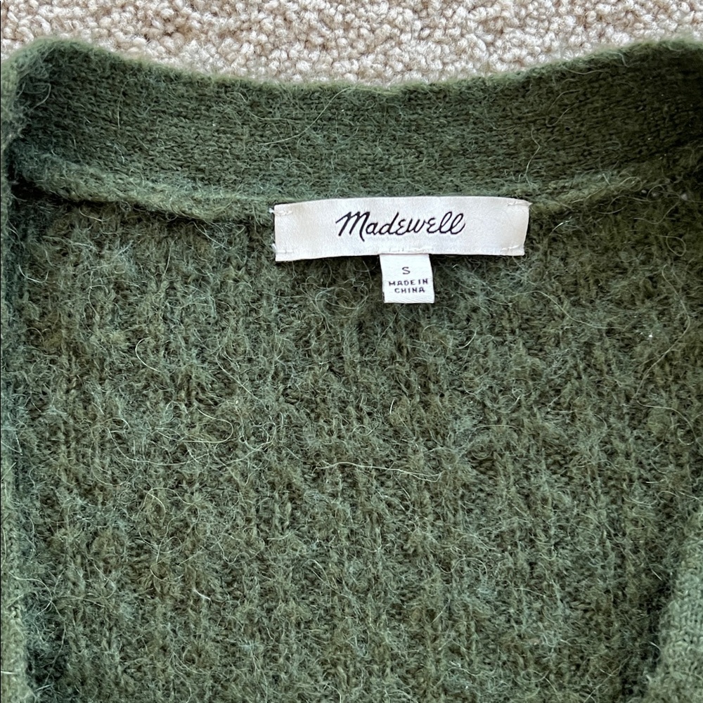 Madewell Green Button-Up Cardigan alpaca knit sweater button front top cableknit - Picture 2 of 4